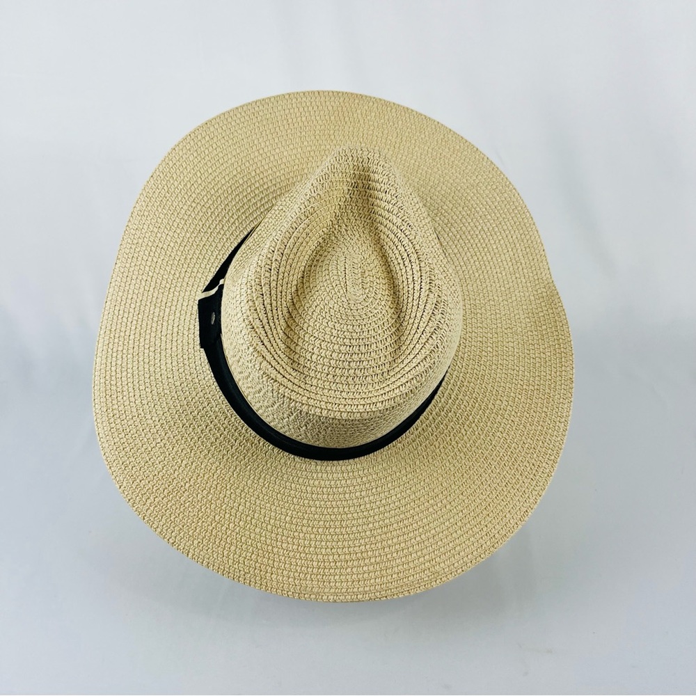 NWOT Jones New York Natural Straw Sun Hat Wide Brim with Black Trim - Picture 3 of 12